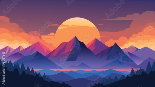 A vibrant sunset over a mountain range with a pink and purple sky Vector