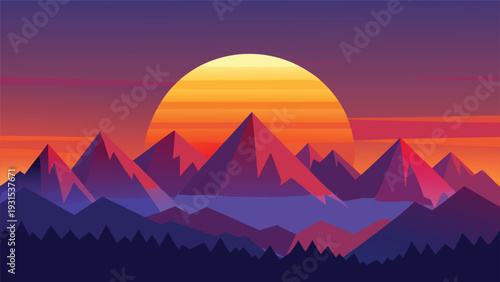 Majestic mountain range under a vibrant sunset sky with a full moon rising Vector