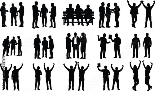 Large collection of people silhouettes in various poses including talking, sitting, cheering, and presenting, black vector icons isolated on white background for social design.
