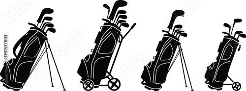 Black vector silhouette set of professional golf bags with clubs including stand bags and pull carts isolated on white background for sports design.