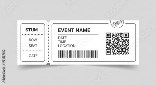 Generic event ticket stub with qr code and barcode on gray background