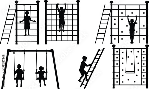 Black vector silhouettes of children playing on playground equipment including swings climbing frames and ladders set isolated on white background for recreation design projects.