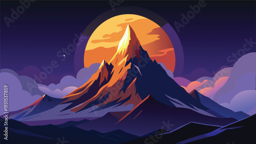 Majestic mountain peak under a radiant moonlit sky with vibrant colors Vector