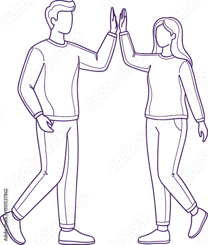 Man and woman giving high five line art illustration, teamwork success concept, partnership celebration, cooperation gesture isolated on white background
