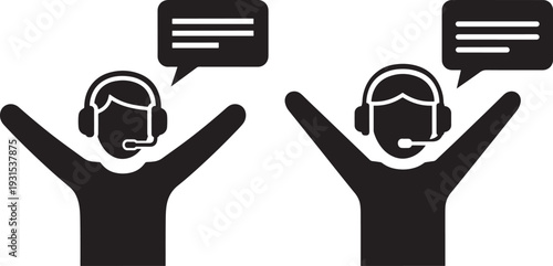 Customer service agents with headphones and speech bubbles, representing communication and support, ideal for call centers and online assistance concepts.