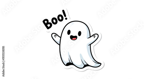 Cute ghost saying Boo!, Halloween character, white sheet, cartoon style, isolated on white