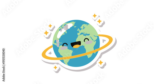 Cute Cartoon Earth Character with Happy Face and Ring