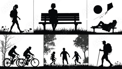 Black vector silhouettes of people enjoying outdoor activities including hiking cycling sitting on park bench and kids playing in nature isolated on white background. (25 words)