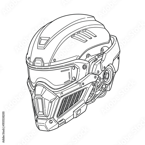 Detailed line art illustration of a futuristic tactical helmet, showcasing a sleek visor, intricate mechanical components, and robust design ideal for science fiction themes.