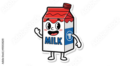 Happy Milk Carton Mascot Waving, Cartoon Character, Dairy Product