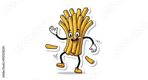 Happy French Fry Character Dancing and Waving