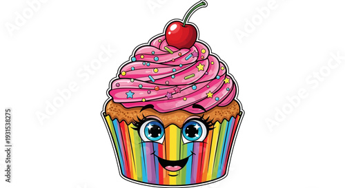 Happy Cartoon Cupcake with Cherry and Sprinkles