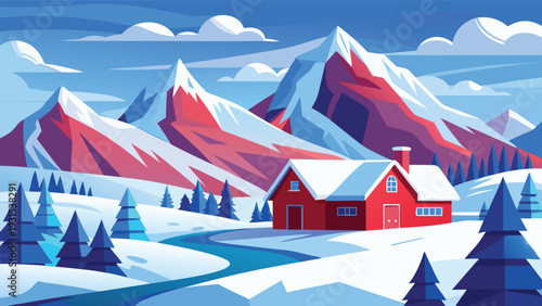 A picturesque winter landscape featuring a charming red house nestled among snow-covered mountains. Vector