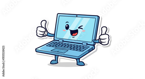 Happy Cartoon Laptop Character Giving Thumbs Up