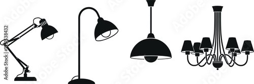 Modern and classic lamp collection silhouette vector illustration, desk lamp, floor lamp, pendant light and chandelier lighting icons isolated on white background
