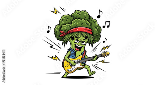 Cool Broccoli Rock Star Playing Guitar with Music Notes
