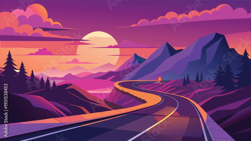A winding road through a mountainous landscape under a vibrant sunset sky Vector