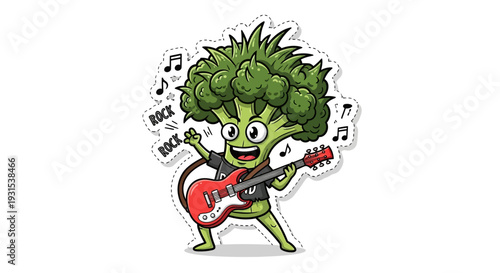 Funny Broccoli Character Playing Guitar and Singing Rock Music