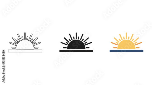 Three sun icons in different colors and styles Vector