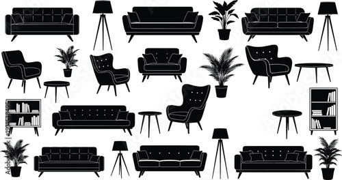 Modern living room furniture silhouette set, black sofa armchair table lamp bookshelf and indoor plants vector icons for interior design collection