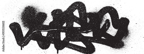 Black abstract graffiti tag with spray paint texture and drips on white background. Dynamic urban art element.