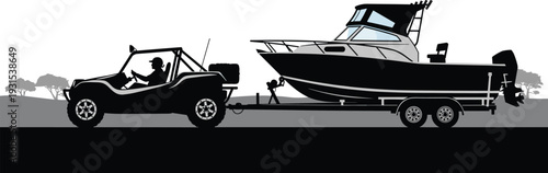 Off road vehicle towing motorboat on trailer, outdoor adventure transport silhouette, fishing boat and 4x4 car isolated on white background