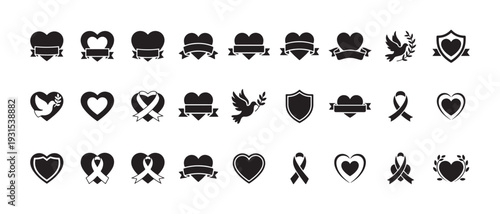 Collection of black and white sympathy and support icons featuring hearts ribbons doves and shields