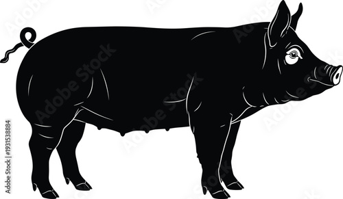 Pig silhouette farm animal illustration, black domestic swine side view vector graphic isolated on white background