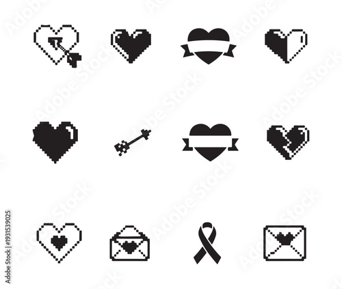 Set of digital pixelated heart and romance icons featuring arrows envelopes ribbons and various love shapes