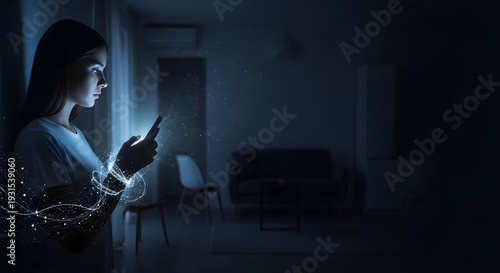 Nighttime digital immersion A concentrated young woman absorbed in her smartphone's luminous display, illustrating the profound impact of technology on contemporary life and connection