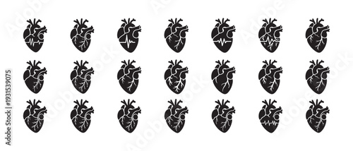 Anatomical human heart organ icons set featuring different electrocardiogram line variations for cardiology