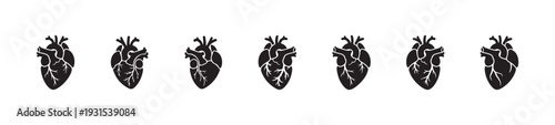 Row of anatomical human heart icons displaying diverse electrocardiogram patterns for healthcare design concepts