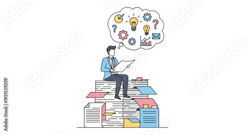 Man Sitting on Books with Thought Bubble.