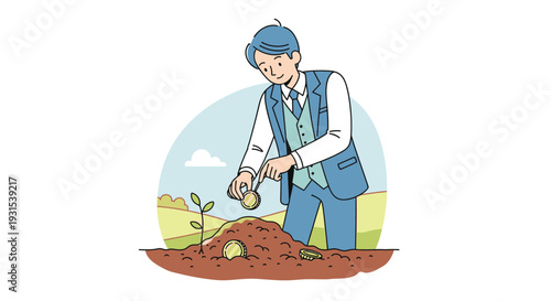 Man Planting Seed in Soil Ground.