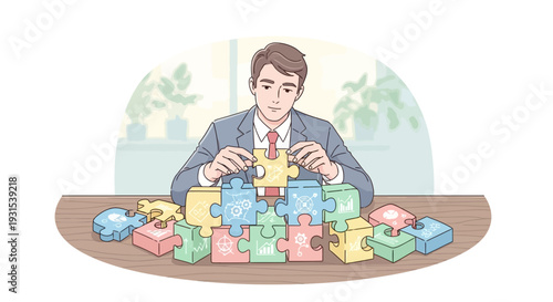 Man Building Structure with Colorful Blocks.