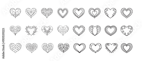 Collection of decorative heart icons with intricate line art botanical elements and ornate borders