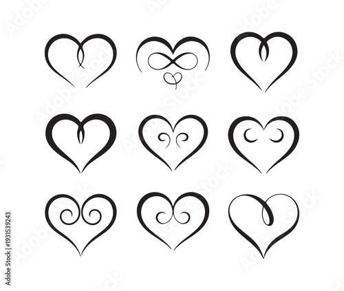 Nine different heart outlines featuring simple curves elegant swirls and abstract forms
