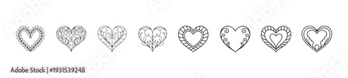 Eight stylized heart shapes featuring detailed linear engravings decorative swirls and layered outlines