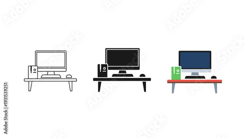 Three computer workstation setups with varying levels of detail Vector