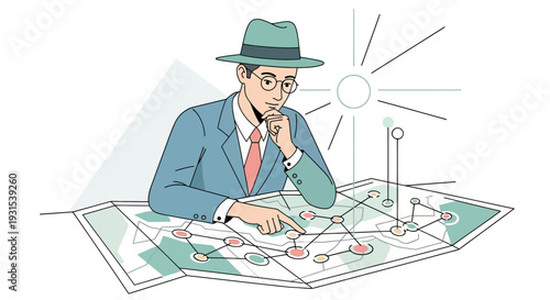 Man in Suit Hat Planning on Map.