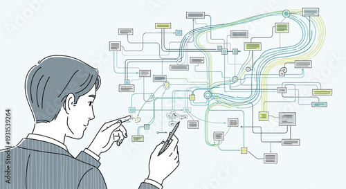Man analyzing complex flowchart with stylus.