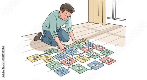 Man Arranging Colorful Cards on Floor.