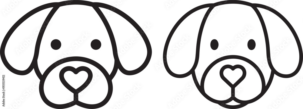 Obraz premium Cute black and white icons of two dog faces with heart noses, perfect for pet lovers, animal shelters, and veterinary services.
