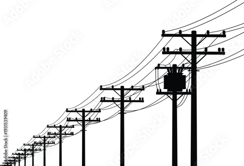Silhouette of utility power poles with transformers and overhead electrical wires, perspective electricity distribution line isolated on white background for infrastructure design
