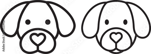 Cute black and white icons of two dog faces with heart noses, perfect for pet lovers, animal shelters, and veterinary services.