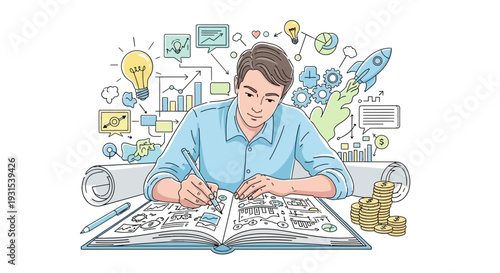 Man Studying with Creative Thought Bubbles.