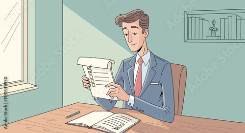 Man in Suit Reading Document at Desk.