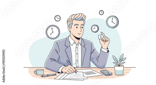 Man Managing Time at Desk.
