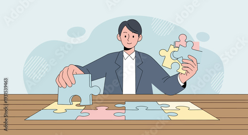 Man Assembling Jigsaw Puzzle Pieces on Table.