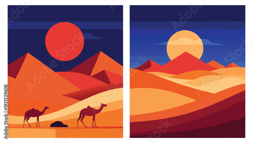 A serene desert landscape with a camel and a setting sun Vector